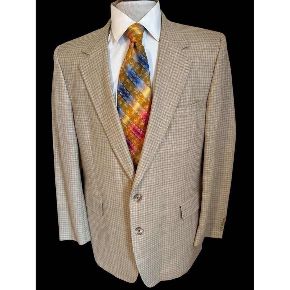 Vtg Kingsridge Beige Plaid Lightweight Sport Coat Blazer Jacket USA Made Sz 44R
